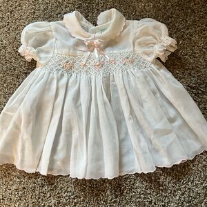 White Smocked Christening Dress with Pink Embroidery
